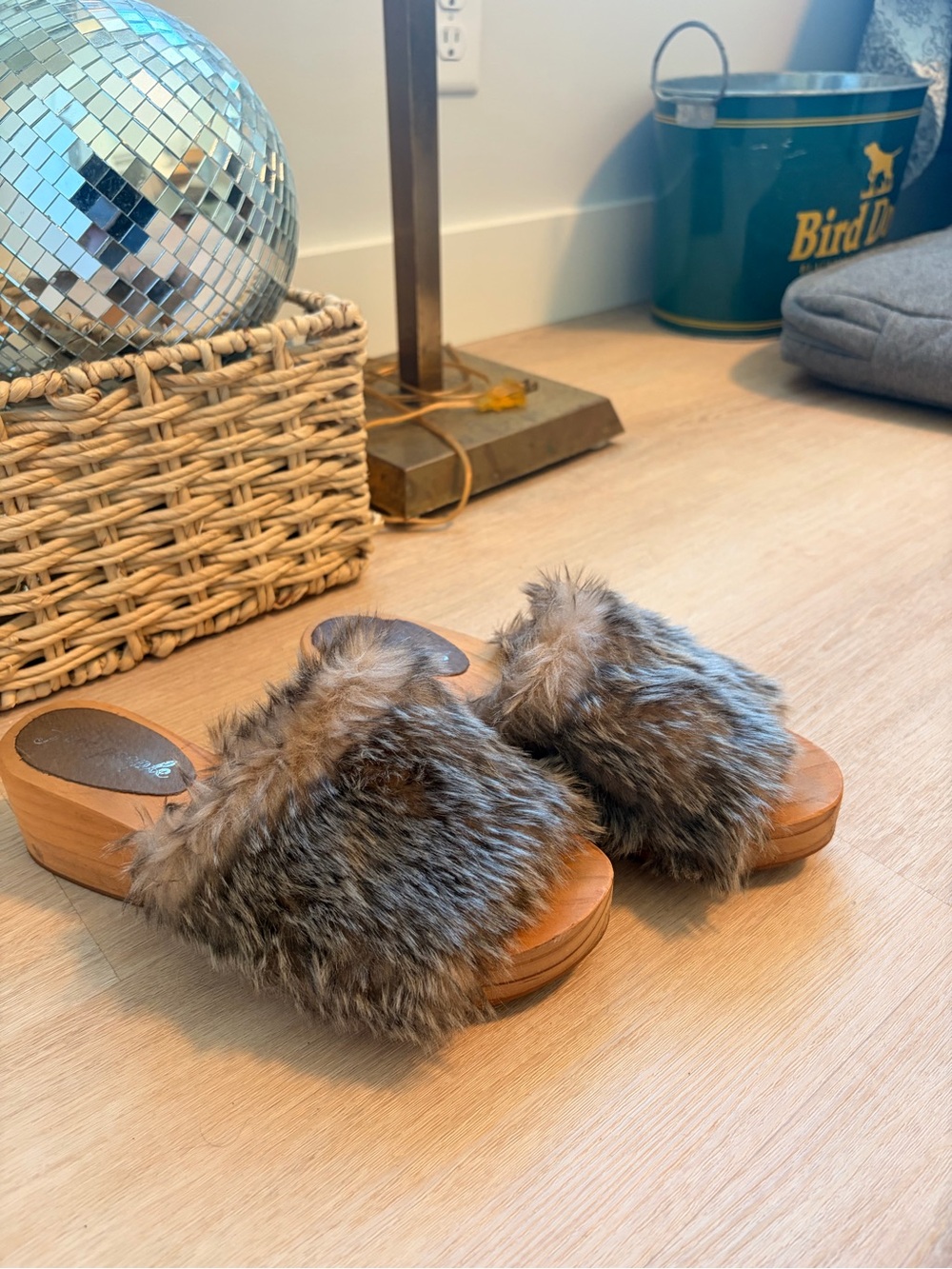Free People Brown Faux Fur Wooden Clog Mules